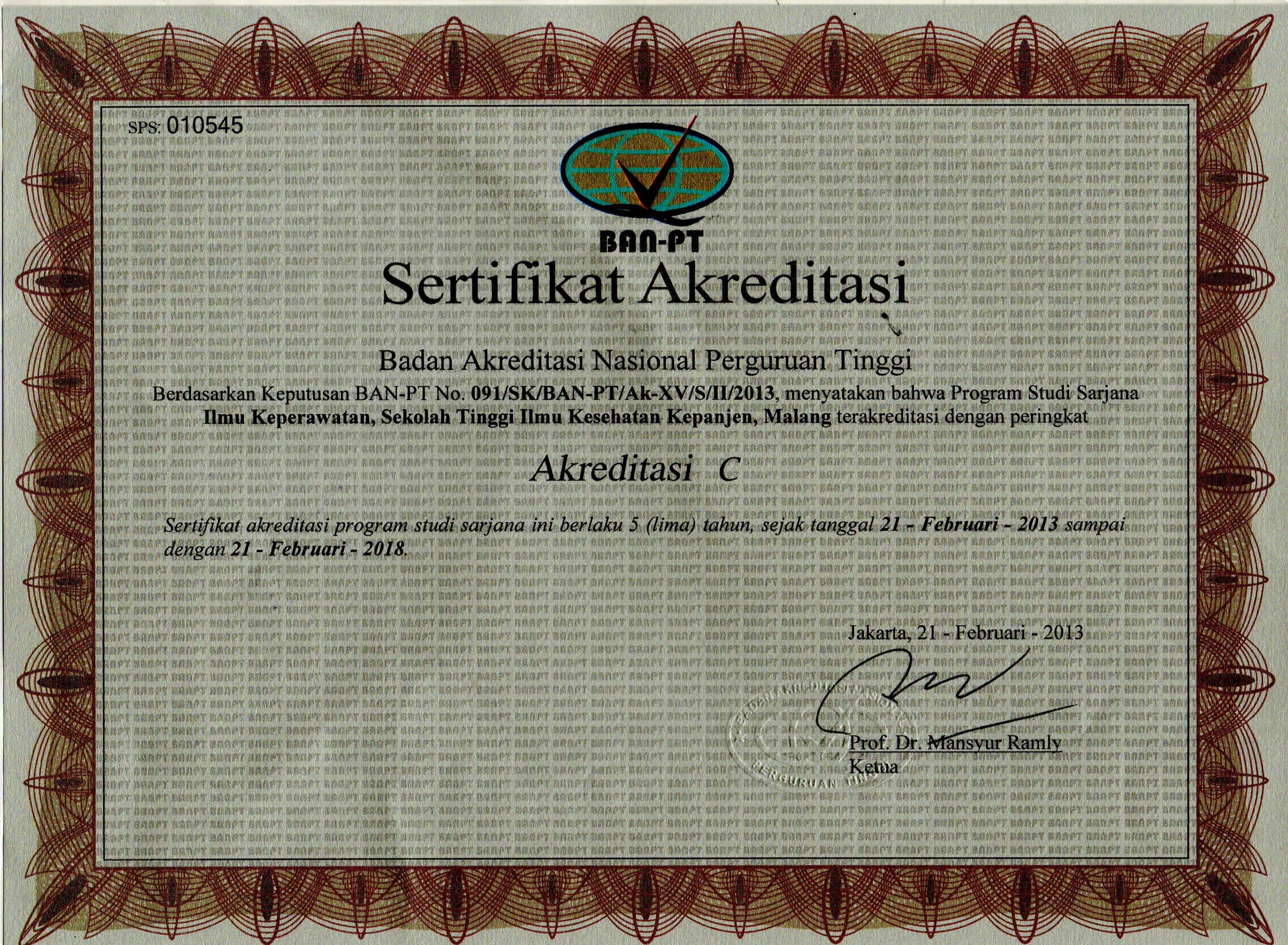 Sertifikat Akreditasi Prodi S1 Keperawatan tahun 2013